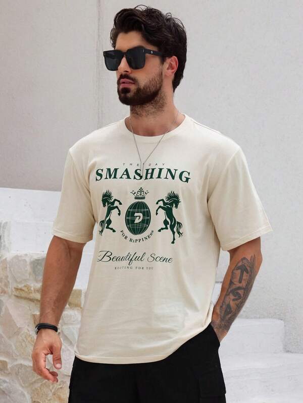 DAZY Camiseta de color crema con estampado de caballo y letras para hombres en verano