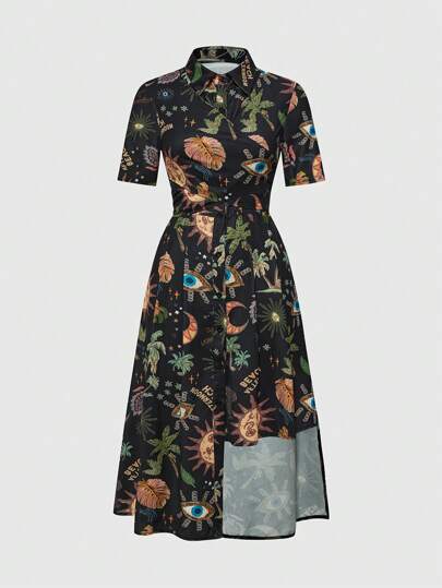 Women Palm Tree Print Short Sleeve Midi Shirt Dress, Holiday Resort