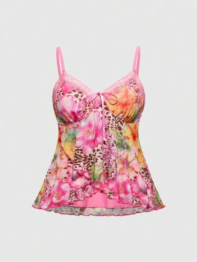 ROMWE Avant Top de tirantes de mujer con estampado vintage de leopardo y flores, con vibra de playa y resort Y2K