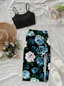 Soleia 2pcs Romantic Blue Allover Print Women's Vintage Style Casual Vacation Set, Sexy, Cute, Y2K Coconutgirl Boho Music Festival Style, Suitable For Summer Suitable For Going Out - Multicolor - View 5