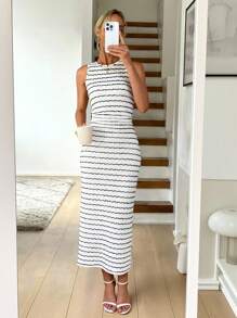 Easowa 女式休闲杏色纹理针织紧身连衣裙 - 黑與白 - 查看 6