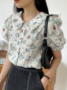 DAZY Floral Embroidery Peter Pan Collar Puff Sleeve Blouse