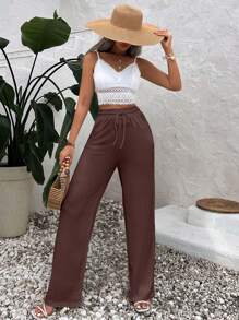 EURMUSE Women's Summer Solid Color Coffee Brown High Waist Drawstring Waist Linen Wide Leg Pants Home Casual - Brown - View 5