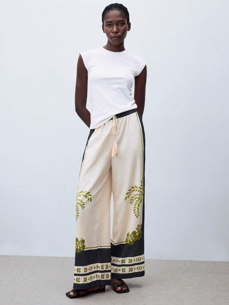 SHEIN Maija Women's Plant Print Tie-Waist Contrast Color,  Boho Pants ,Fall Women Clothes