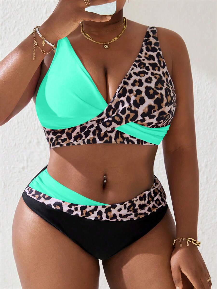 Slaydiva 2pcs Set Plus Size Women Leopard Print V-Neck Criss-Cross Patchwork Tankini Swimwear With Shorts, Summer Beach Vacation - Multicolor - View 1