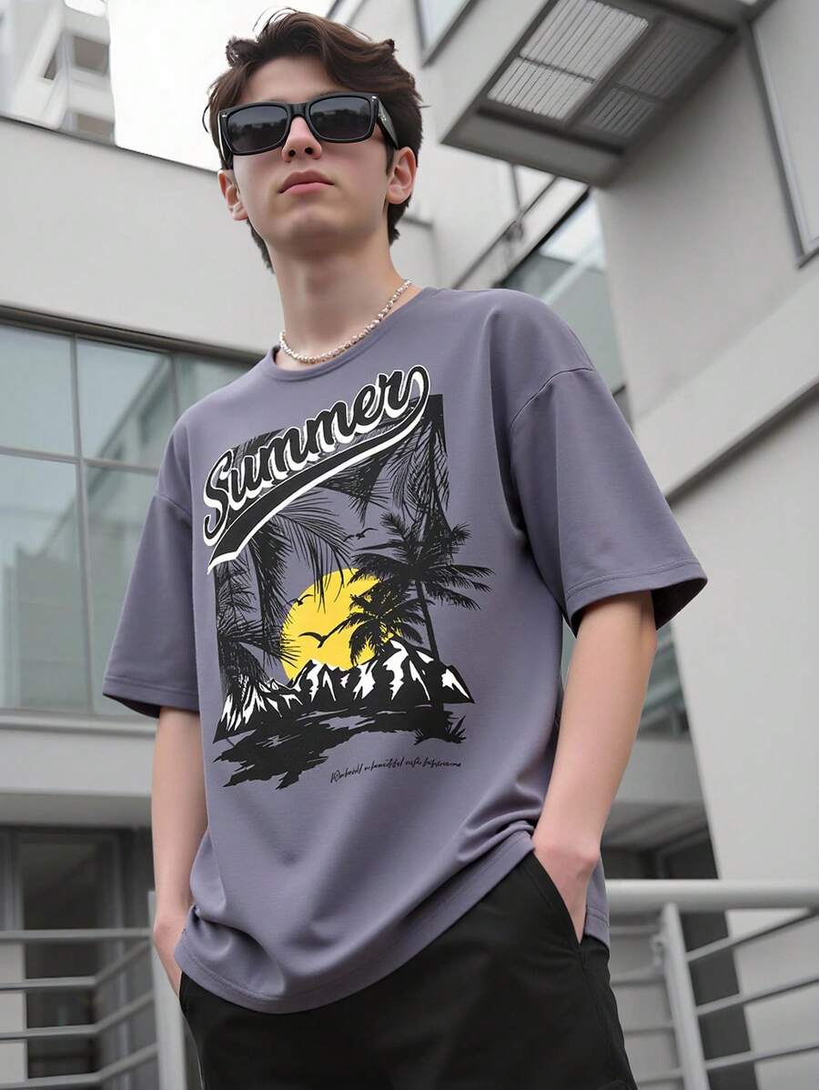 SHEIN 青少年男孩休闲图案短袖圆领T恤，适合暑假和节假日穿着 - 藍色 - 查看 1