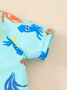 SHEIN Leap Crew 男宝宝/女宝宝蓝色螃蟹和海洋生物针织软领连体泳衣适合海滩度假游泳，夏季