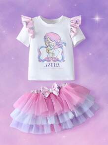 Pop Mart Azura X SHEIN Baby Girl Cartoon Graphic Dreamy White Cute Casual Short Sleeve T-Shirt With Colorblock Tulle Skirt, Princess Style