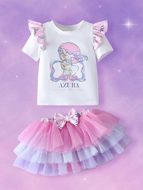 Pop Mart Azura X SHEIN Camiseta de Manga Curta Casual Branca e Fofa com Estampa Gráfica Cartunesca de Menina Bebê e Saia Tutú Colorblock, Estilo Princesa