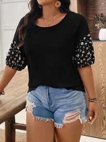 EMERY ROSE 大码女式雏菊印花拼布短袖休闲T恤，夏季 - 黑色 - 查看 1