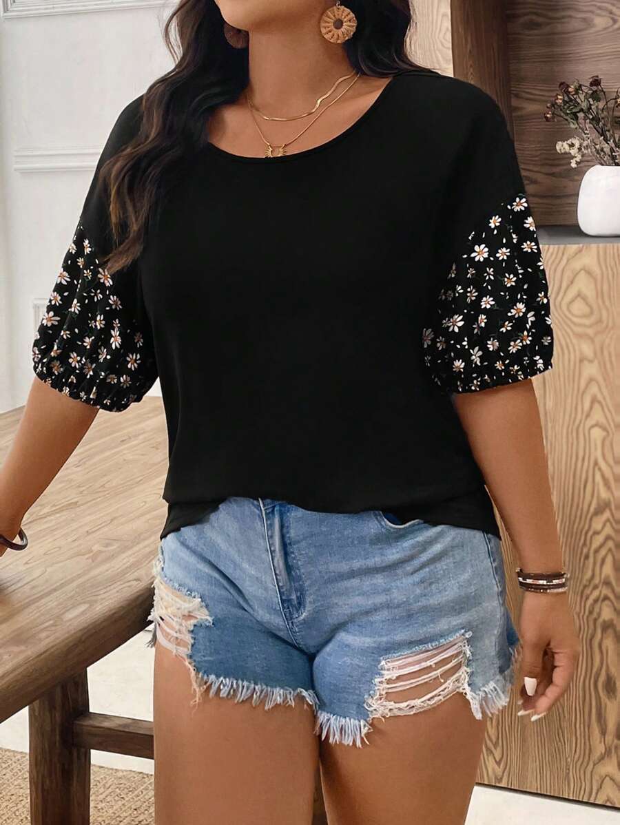 EMERY ROSE 大码女式雏菊印花拼布短袖休闲T恤，夏季 - 黑色 - 查看 1