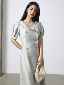 Heiryn Vestido midi de verano para mujer, de unicolor elegante, con cuello cuadrado, mangas abullonadas, cintura fruncida y doble botonadura