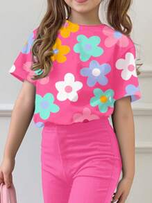 SHEIN 2 件套女童休闲简约卡通图案圆领短袖上衣和喇叭裤夏季服装 - 彩色 - 查看 3