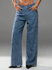 SHEIN Forever 21 Jeans in denim larghi a vita bassa e vita larga nuovi per l'estate, con effetto trascinamento - Lavaggio chiaro - Visualizzare 4