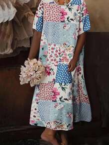 Plus Size Floral Print Patchwork Casual Vacation Dress - Multicolor - View 1