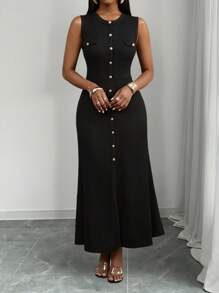 SHEIN PETITE CURVE 大码无袖圆领连衣裙，夏季时尚 - 黑色 - 查看 6