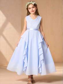 青少年女孩蕾丝上衣 V 领雪纺连衣裙，带荷叶边下摆，适合休闲聚会和派对 - 淺藍色 - 查看 1