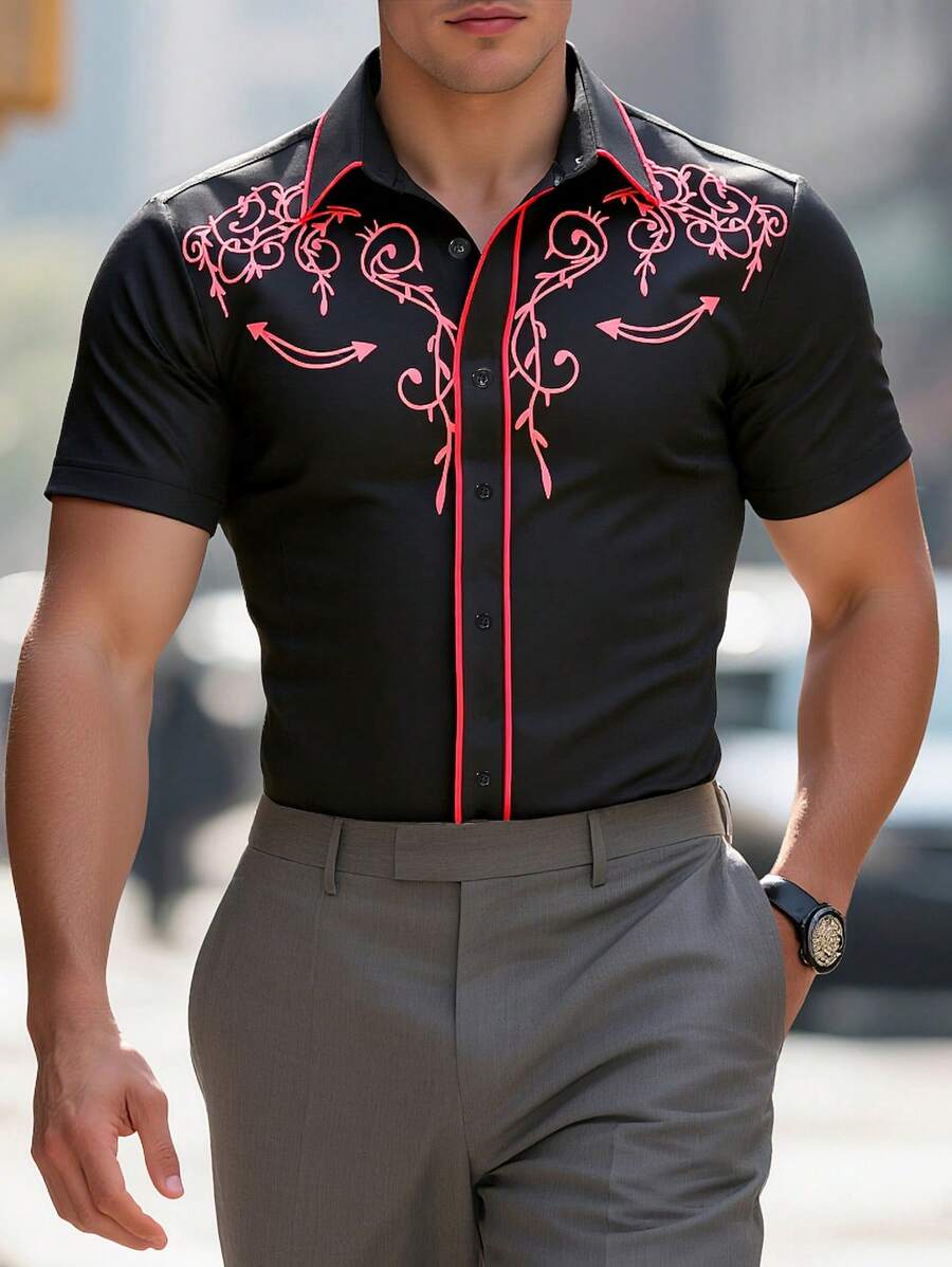 Manfinity Homme 男士时尚休闲印花纽扣短袖衬衫 - 黑色 - 查看 1