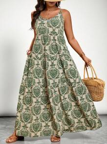 SHEIN VCAY Plus Size Vacation All-Over Print Spaghetti Strap Dress Summer Outfits Beach Outfits For Woman Graduation Outfit Brunch Outfits For Women St Patrick Spring Break Rave Outfits Festival Elegant Vacation Outfits Woman Casau Western Cute Boho  Floral Beach Spring Clothes Brunch Outfits For Women Old Money Tropical Vacation Woman Clothes,Beach Dress Sundress,Holiday Outfits