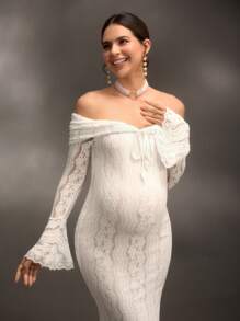 Cheriluna Maternity Elegant Off-Shoulder White Lace Long Sleeve Mermaid Maxi Dress, Suitable For Wedding, Party, Baby Shower, Maternity Photoshoot, Christening
