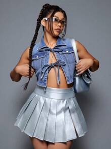 SHEIN SXY Plus Size Women Sleeveless Fashionable Tied Sexy Denim Jackets, Summer Vacation Beach - Blue - View 1