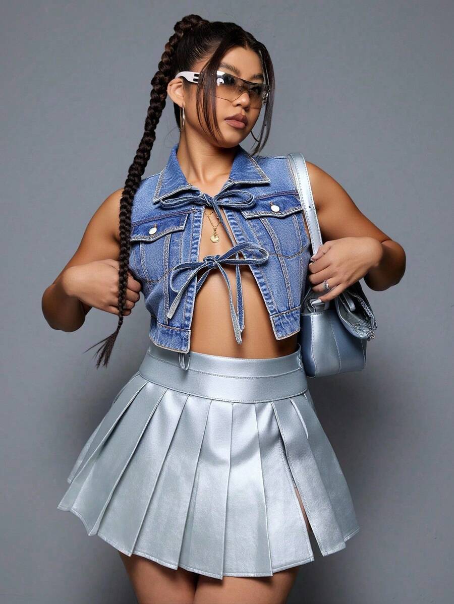 SHEIN SXY Plus Size Women Sleeveless Fashionable Tied Sexy Denim Jackets, Summer Vacation Beach - Blue - View 1