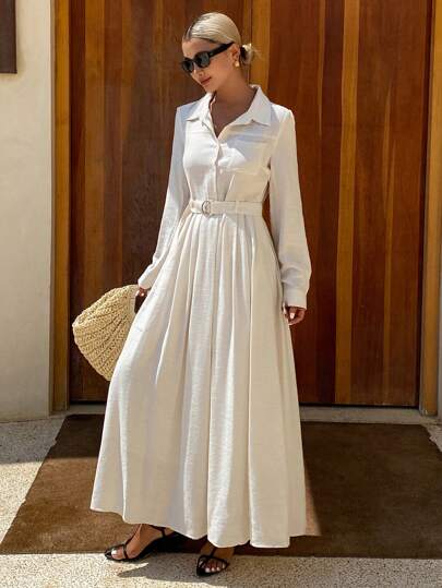 Livesso 女式夏季立领收腰 A 字形喇叭中长衬衫裙亚麻秋装长袖连衣裙