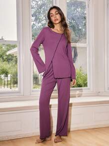 Lowkey Lull 2 件女式荷叶边衬衫和裤子家居服套装，秋季服装 - 紫色 - 查看 4