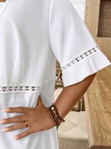 EMERY ROSE Plus Size Women Solid Bell Sleeve Long Lightweight Vacation Tassel Jacket - White - View 6