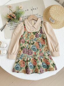 SHEIN LMoss Kids LMoss Young Girl Vintage Floral 2 In 1 Kemeja Lengan Panjang & Gaun Musim Gugur Musim Dingin - Hijau - View 3