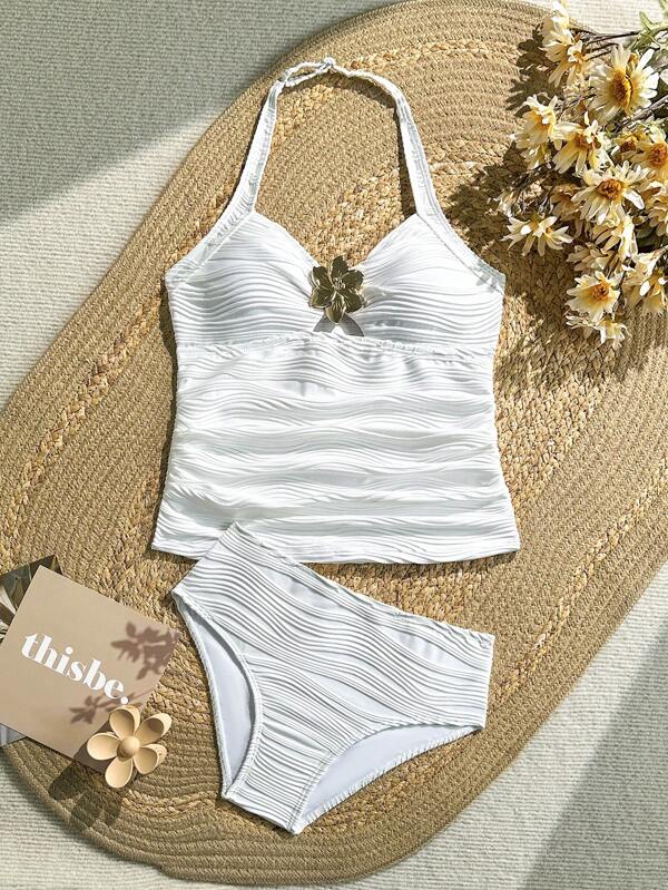 SHEIN Girls' Colorblock Metallic Floral Decorated Swimsuit Summer Holiday