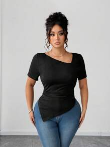 Elenzga Plus Size Women Short Sleeve Asymmetrical Collar Design T-Shirt, Fashionable High-End Versatile Casual Slim-Fit Top Suitable For Spring/Summer - Black - View 3