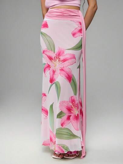 ROMWE Avant Conjunto de 2 piezas Falda de sirena de cintura baja Y2K con decoración de flor de lirio para vacaciones en la isla