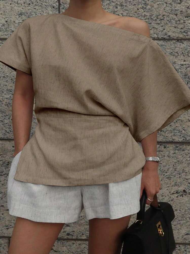 Plus Size Women Summer Casual Solid Color Asymmetrical Neck Batwing Sleeve Split Hem Fitted Blouse