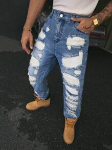 AXEPEAK Men's Casual Versatile Straight Leg Ripped Jeans With Pockets - Blue - View 3