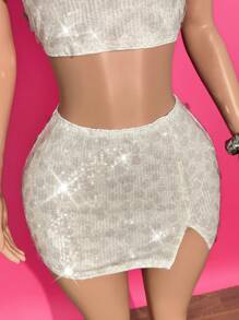 Slaydiva 2025 Summer New Sexy Elegant Romantic Sequin Spaghetti Strap Camisole Top + Slit Mini Skirt Set, Suitable For Music Festivals, Sexy Street, Graduation Season, Western Nomadic, Bohemian Style, Daily Outings, Motorcycle Sports, Clubs, Hot Girls, Birthday Parties, Student Fashion, Basic Versatile, Casual, Vacation, Cruise Travel, Beach, Sunbathing, Viral Hit, Party Gatherings - A - White - View 6