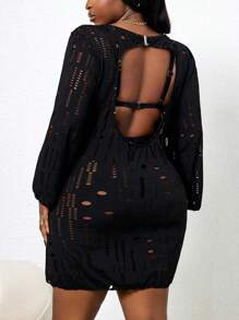 Slaydiva Plus Size Women Hollow-Out Sexy Casual Vacation Long Sleeve Cover Up