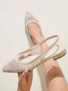 CUCCOO CHICEST 夏季新款闪亮水钻网眼面板尖头平底鞋，优雅时尚的女士网眼一脚蹬平底鞋，非常适合喝茶、约会、聚会、度假