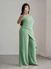 Slaydiva 2025 新款休闲度假风格适合春夏季，杏色百搭生日派对约会日常穿着简约基本通勤性感街头风格女式单肩衬衫 - 时尚不对称下摆纯色长款 T 恤 - 休闲度假和郊游上衣和阔腿裤套装 - 大码/秋季女装/大码夏装/七月四日/七月四日女装/Y2K/街头服饰女装/乡村/海滩/俱乐部/教师/亚麻/街头服饰/欧洲夏季/女士夏季服装/女士时尚服装/女士两件套