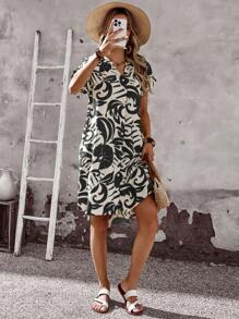 EMERY ROSE Women's Summer Vacation Style Full-Print Notched Collar Single-Breasted Short Dress - Black - View 5