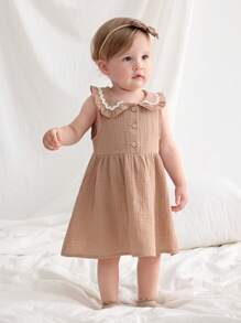 Cozy Pixies Baby Girl Sleeveless Contrast Trim Waist Ruffle Dress - Khaki - View 5