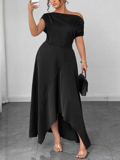 Elenzga Plus Size Women Casual Asymmetric Hem Solid Color Dress Summer Women Clothes  Curve Plus   Vacation Women Clothes   Shein Curve