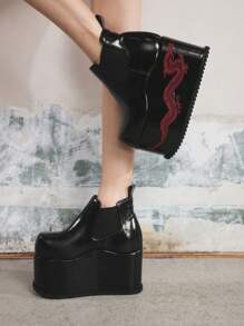 Sugerpunk Women's Black Platform Wedge Ankle Boots, Elevated Goth Style With Dragon Embroidery, Metal Decor & Chunky Heel - Black - View 9
