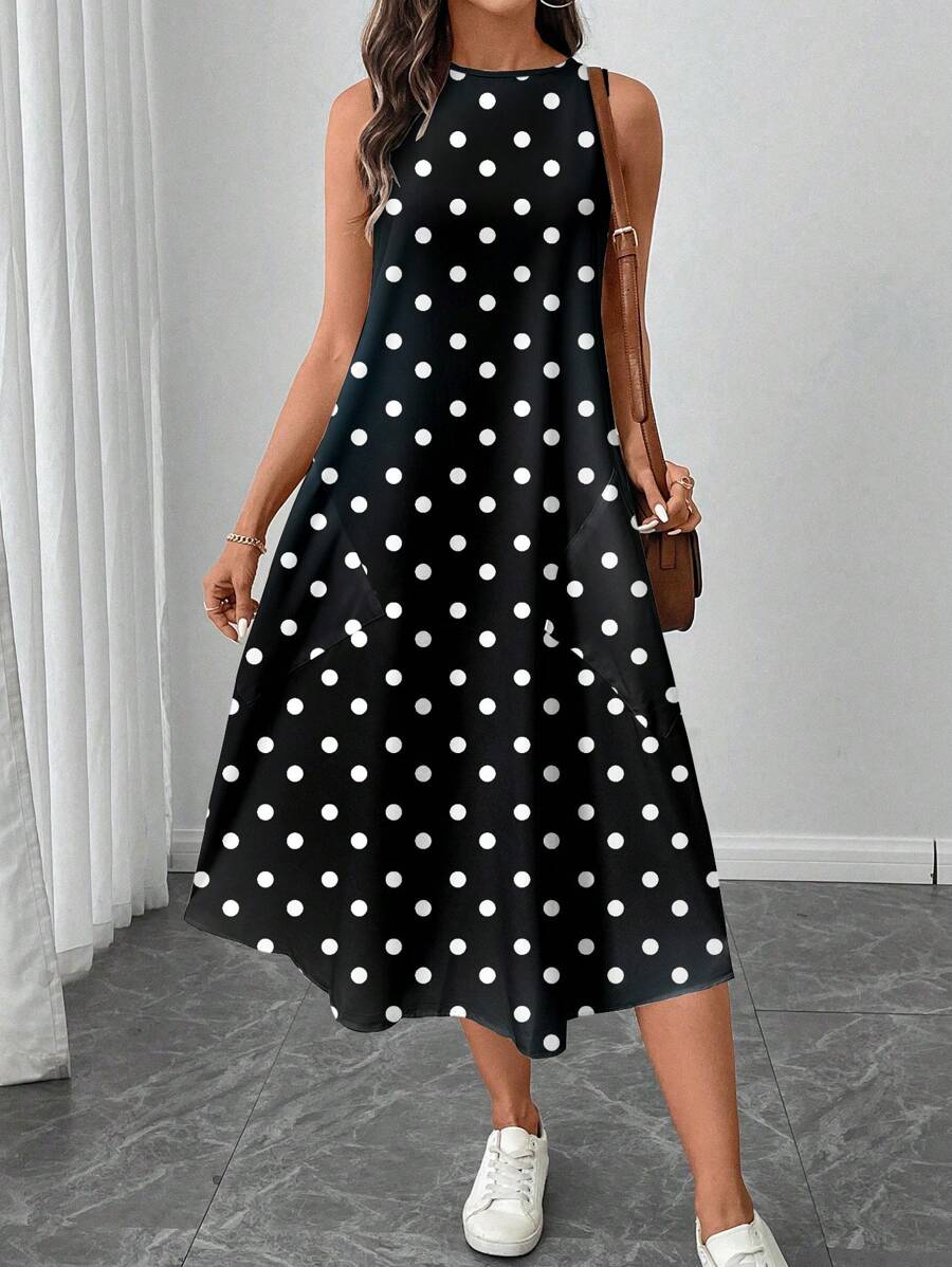 SHEIN LUNE Women Casual Midi Polka Dot Print Dress, Suitable For Spring/Summer Vacation Dress Suitable For Going Out Chic Dress