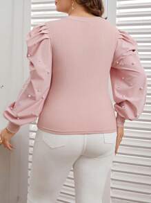 SHEIN Privé Kích thước lớn Của phụ nữ Trân châu Dát Đầy Chân Của Tay áo Áo - Hồng - Xem 2