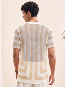 Manfinity VCAY Men Hollow Out Colorblock Fitted Short Sleeve Knitted Cardigan, Casual, For Fall Winter - Apricot - View 2