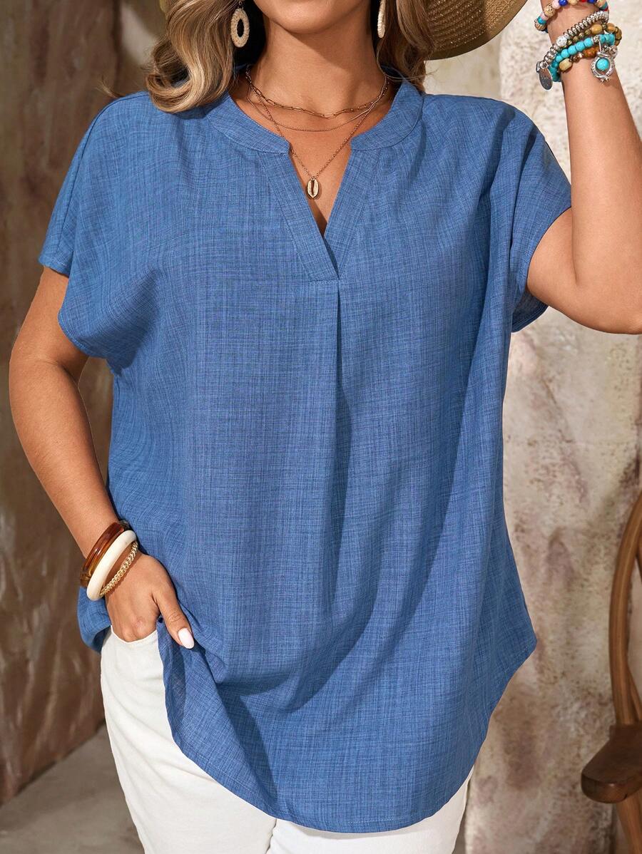 EMERY ROSE 加大码女式蓝色亚麻人造丝纽扣衬衫，落肩袖，圆下摆，热带度假风格，适合春夏季波西米亚风格服装夏季衬衫蓝色亚麻衬衫女式夏季亚麻衬衫 - 藍色 - 查看 1