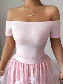 Selianne Standard Size Women Off Shoulder Solid Top + Floral Mesh Patchwork Skirt, 2pcs Elegant Set - Pink - View 5