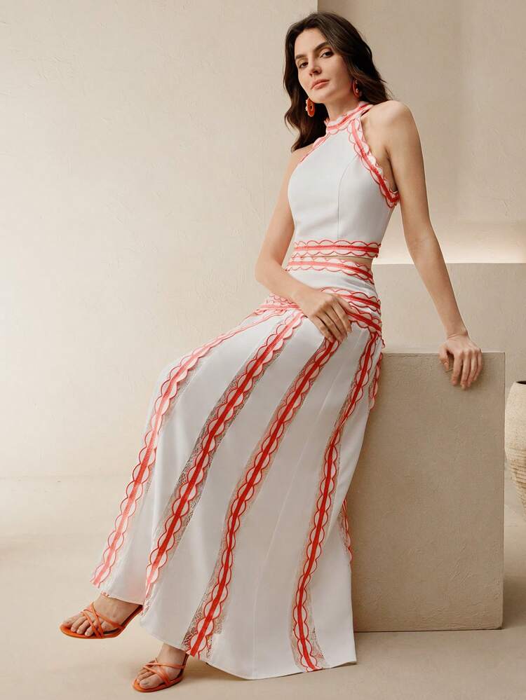 Ensemble bohème plage vacances femmes élégantes, comprenant un gilet sans manches à col Top en dentelle patchwork + jupe droite à ourlet droit en dentelle patchwork