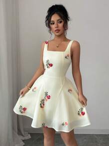 SHEIN Raffinéa Vestido de verano de mujer con cuello cuadrado elegante y minimalista, con manga abullonada y bordado - Amarillo - Ver 1
